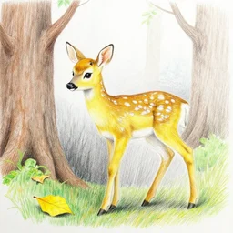 a yellow fawn in a forest near a yellow leaf, colorful drawing, pencil