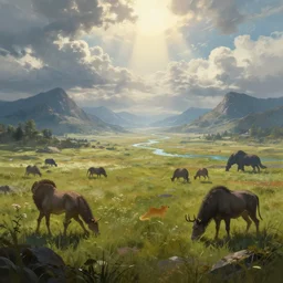 a cinematic landscape view looking at an open field, cyberpunk wildlife, mountains in the distance with a river running down, the sun shines through the parted clouds, digital painting, fantasy, art by alexandre mahboubi and christophe oliver