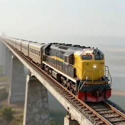 a 3 d render of a realistic looking train on a bridge going from one end of the image to another, highly detailed, hyperealistic, cinematic lighting, rule of thirds, wide perspective, 8 k textures, insane detail, octane render, 3 d, train,, choo choo