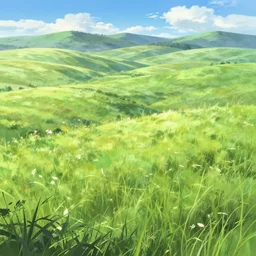 rolling sunny grassy hills, a fantasy digital painting by makoto shinkai, trending on artstation, highly detailed