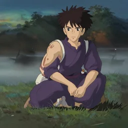 a wounded samurai on a foggy beach at night after a battle, studio ghibli