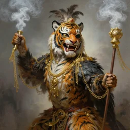 masterful fantastic realist painting an exotic ancient feathered and bejeweled bird wearing an exquisitely painted bugaku mask of a tiger, gold chains strung like tinsel, viciously blinded, bugaku tiger cosplay, fantasy portrait painting, swinging holy censors with thick smoke, digital painting trending on artstation, volumetric lighting and mist, 3 / 4 portrait painting, hyper