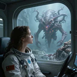 woman inside a spaceship looks outside to see an eldritch abomination