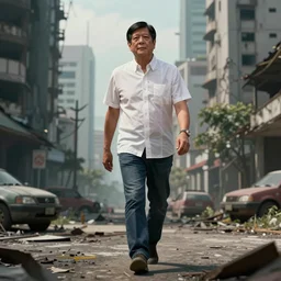 Futuristic matte painting of BongBong MarcosWar walking through a abandoned Southeast Asian city, volumetric light scattering, highly detailed, digital art, Andreas Rocha, Greg Rutkowski, Darek Zabrocki, ArtStation, CGSociety, Unreal Engine, 4K, 8K