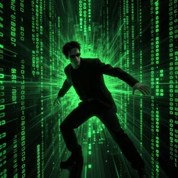 neo getting sucked into the code of the matrix, hyper color green and black n - 4