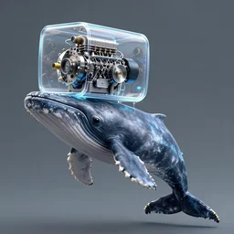 a creature with a race car motor engine as its head and the body of a cachalot. a transparent rectangular head with a cool motor engine inside, the body of a cachalot whale. photorealistic art, an unreal marine creature, 8 k, cyber - punk