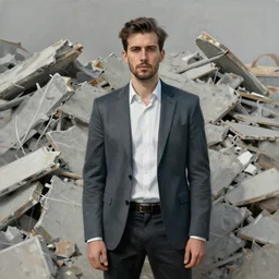 a portrait of a sharp - dressed man in front of a painterly warped wadded knotted heap, dull grey expressionism, masterful rendering of construction rubble