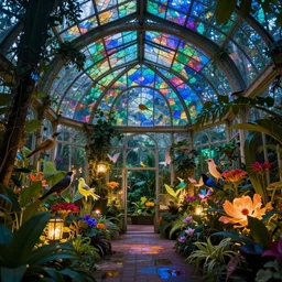 magician's tropical greenhouse garden with colored glass cover, outside of time and space, birds, flowers, fairy tale, night lighting, gorgeous lighting, dramatic cinematic lighting, intricate, highly detailed, low angle view, artstation, mysterious, comfort, in the style of aetherpunk, 8 k