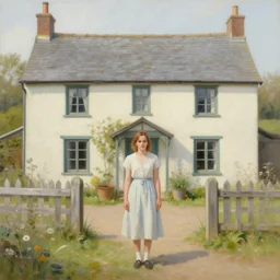 cottage with emma watson standing in front, aesthetic, oil painting, pale colors, high detail, 8 k, wide angle, trending on artstation,