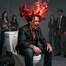 uhd hyperrealistic photorealisitc hyperdetailed detailed johnny depp head exploding, puking blood, screaming, sitting on the toilet with sparking circuits, studio lighting, by ayami kojima amano karol bak, greg hildebrandt and mark brooks