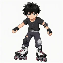 japanese emo boy, anime boy, black hair, spiky hair, weird clothing, rollerblading, rollerskates, cel - shading, 2 0 0 1 anime, flcl, jet set radio future, golden hour, japanese town, concentrated buildings, japanese neighborhood, construction site, cel - shaded, strong shadows, vivid hues, y 2 k aesthetic