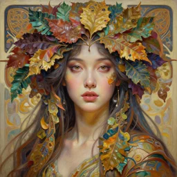 a beautiful woman in intricate detailed color oilpaint, 3 d render, hyper realistic detailed portrait, big flocking color leaves, ornate leaves, elegant, intense colors, ruan jia, wlop. scifi, fantasy, hyper detailed, octane render, concept art, by peter mohrbacher, by alphonse mucha, by wlop, by ruan jia