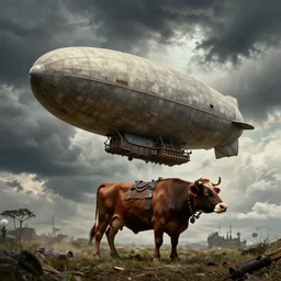 steampunk, cow, dirigible, pirate ship, photograph, pirates, thunderclouds, epic