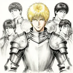 portrait of blond man in armor, pen and ink, intricate line drawings, by craig mullins, ruan jia, kentaro miura, greg rutkowski, loundraw