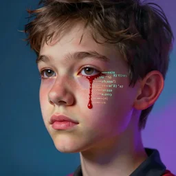 minimalist photograph young teenage influencer bleeding lines of code from their eye sockets, detailed ambient lighting, hyper realistic, vibrant colors, cinematic, modernist art style, digital art painting by Jordan Grimmer, cinematic, 35mm grain filter, artstation
