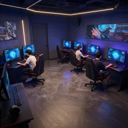 two boys playing game at a spacious gaming room, hi - tech gaming setup, highly detailed interior rendering, unreal engine, art by john berkey