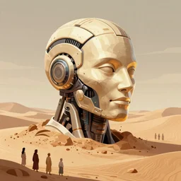 a illustration of a large head of a cyborg half buried in the desert, little people watching, sacred, fine art, intrincate, by moebius, jean giraud & kilian eng