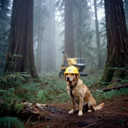 puppy wearing hard hat logging operation, fog, old growth forest, ektachrome, photo from 1 9 9 8,