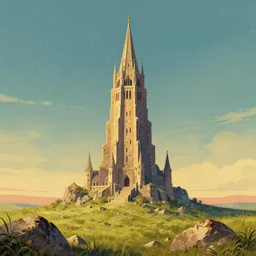 the wizards tower in a rocky grass field, grand landscape art by donato giancola and greg rutkowski, vintage retro, digital art, trending on artstation, symmetry!!, epic composition