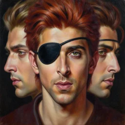 a detailed matte oil on canvas head on symmetrical portrait of hrithik roshan as an elven man with an eye patch and red hair, by edgar maxence and caravaggio and michael whelan and delacroix style, artistic, intricate drawing, light brazen, realistic fantasy, extremely detailed and beautiful aesthetic face, 8 k resolution, dramatic lighting