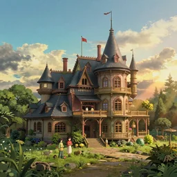 a beautiful hyperrealistic detailed miniature diorama of a magical mansion from studio ghibli, by jordan grimmer and hayao miyazaki and adolf hira, crepuscular ray, vibrant, wide angle, epic, morning light emitting, vast, trending on artstation, cgsociety, intricate, atmospheric lighting, unreal engine, 8 k resolution, ultrafine detail, octane render