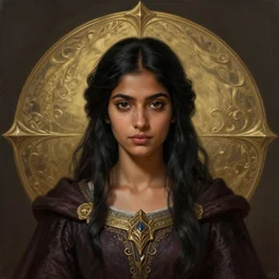 head-on symmetrical centered painted portrait, young Indian woman D&D wizard, black hair, medieval robes, fantasy, intricate, elegant, highly detailed, digital painting, smooth, sharp focus, illustration, artstation, in the style of Artgerm and Anna Podedworna and Alex Ross