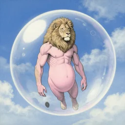 aesthetic portrait commission of a albino muscular and attractive anthro lion floating inside a floating soap bubble like as if it was in the womb in a blue cloudy sky with clouds orbiting the bubble like a planet,  minimalistic art, hyperdetailed. Character design by charlie bowater, ross tran, artgerm, and makoto shinkai, detailed, inked, western comic book art, 2021 award winning painting