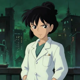 a full body portrait of a 1 9 9 0's disney girl grumpy eyes detective wearing lab coat with short black hair with bun and fringes working in a paranormal city, finely detailed features, city, closeup, green light, grimdark, gapmoe yandere, trending on pixiv fanbox, painted by greg rutkowski makoto shinkai takashi takeuchi studio ghibli,