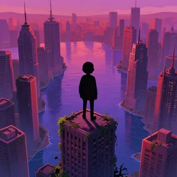 cartoon tv show animation styled, shadowed human figure atop a skyscraper looking down through his feet to see a metropolis covered in water except for the tops of the skyscrapers, the buildings are ruins and covered in vines, purple and red hues reflect off the water from the sunset, many skyscrapers,