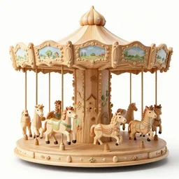 a carousel with elaborately carved wooden figures of animals, beachwood, treehouse, secret garden, hedgemaze