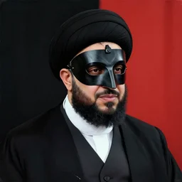 detailed 6 0 0 mm realistic photography of iranian ayatollah, black turban, black king baldwin mask, black suit, black red flag background, nuances of the human face and subtle shifts in tonal value, silhouette composition, neutral, cool - toned palette, fluid patterns, powerful composition, opaque paints, charismatic, elegant.