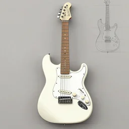 a detailed design drawings of a retro minimalist electric guitar. realistic rendering.
