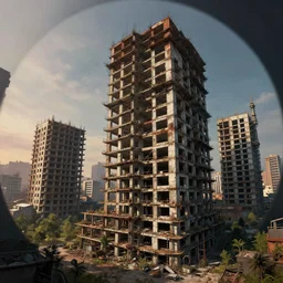 a beautiful ultradetailed illustration of city unfinished building mcmansion abandoned building nature industrial architecture architecture by richard rogers, fisheye jupiter bladerunner 2 0 4 9 steampunk tron at dusk, archdaily, wallpaper, highly detailed, trending on artstation.