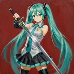 hatsune miku holding dragon slayer sword from berserk, by ross tran, oil on canvas