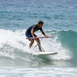 action picture of a man surfing a wave using an ironing board