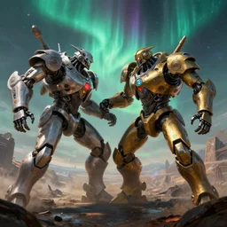 2 robot mech fighting hard in the battlefield, mar planet, epic scene, futuristic style, intricate, highly detailed, digital painting, artstation, concept art, cinematic, smooth, sharp focus, illustration, arcane style, aurora borealis, unreal engine 5, 8 k, art by artgerm and greg rutkowski and alphonse mucha