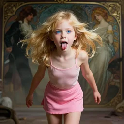 a photorealistic dramatic fantasy render of adorable young girl, tounge out, blonde hair, blue eyes, in pink short mini skirt, by wlop, artgerm, greg rutkowski, alphonse mucha, beautiful dynamic dramatic sense of awe, lighting, shadows, cinematic atmosphere, artstation, concept design art, octane render, 8 k