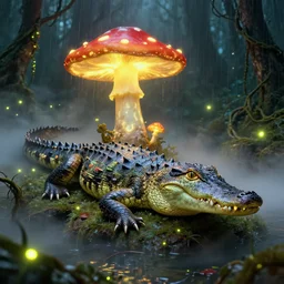 alligator with glowing mushroom on it, swamp fog, mist, fireflies, vines, bioluminescent, rain by salvador dali, glow, trending on artstation, vibrant, intricate detail, dramatic lighting, octane render, weta digital, micro details, 3 d structure, ray trace
