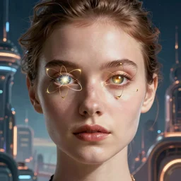 close-up of a beautiful woman with atoms for eyes against a backdrop of a utopian sci-fi city, hyperealistic, octane render
