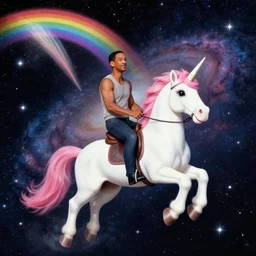 photograph of will smith riding a unicorn in space, galaxy, space, rainbows
