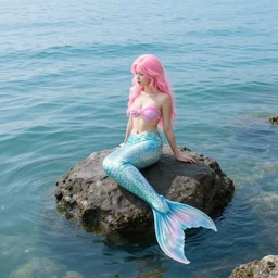 a mermaid with pink hair, full body, sitting on a rock floating in the sea, photo realistic
