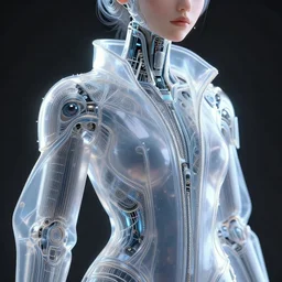 torso of a classy elegant sophisticated very up close portrait of a cute dainty translucent cyborg girl, cyber future jacket, ultra detailed wire decoration, big eye, fantasy art by nixeu and guweiz and ilya kuvshinov, sleek curves, intricate sharp focus, trending on artstation hq, deviantart, pinterest, unreal engine 5, 4 k uhd image