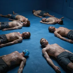 different parts of human bodies lie in different places of the blue room, more details, hyper realistic, cinematic lighting.