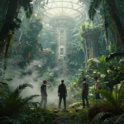 movie still frame, from inside a futuristic city dome in the jungle, beautiful composition, steam, 8 k, cgi, by ridley scott, james cameron, zack snyder and michael bay