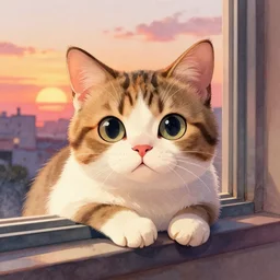 head and shoulders masterpiece portrait of a cute adorable cat on a window sill at sunset, digital art watercolor by krenz cushart and hayao miyazaki, trending on artstation, cgsociety, rich vivid color