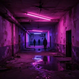 backrooms abandoned mall, ominous neon pink and purple vaporwave lighting, moldy walls and shallow water, shadowy tall figures in the distance