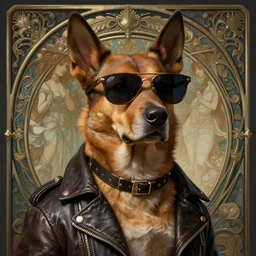 a dog wearing sunglasses and a leather jacket, photography of kurzgesagt, deep focus, d & d, fantasy, intricate, elegant, highly detailed, digital painting, artstation, concept art, matte, sharp focus, illustration, hearthstone, art by artgerm and greg rutkowski and alphonse mucha