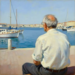 painting by salvador dali of a senior grey haired caucasian man seen from behind, sitting on a deck near the harbor, boats and water. it is a beautiful summer day