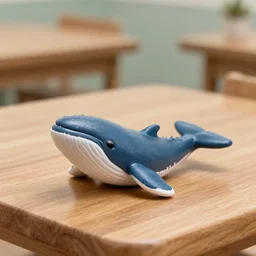 [ miniature whale ]! sitting on a [ wooden table ]!, focal blur!, 4 k photorealistic photography, trending on unsplash, zoomed out photography