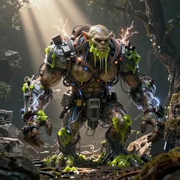 high resolution photo of a humanlike creature bundled in electronic wires, overgrown, sparks, electricity, sun beams, rocks, devices, slime, tree roots, veins, lightning, big muscles, sweat, slime, troll, grown together, god rays, dark, skin, plastic wrap,